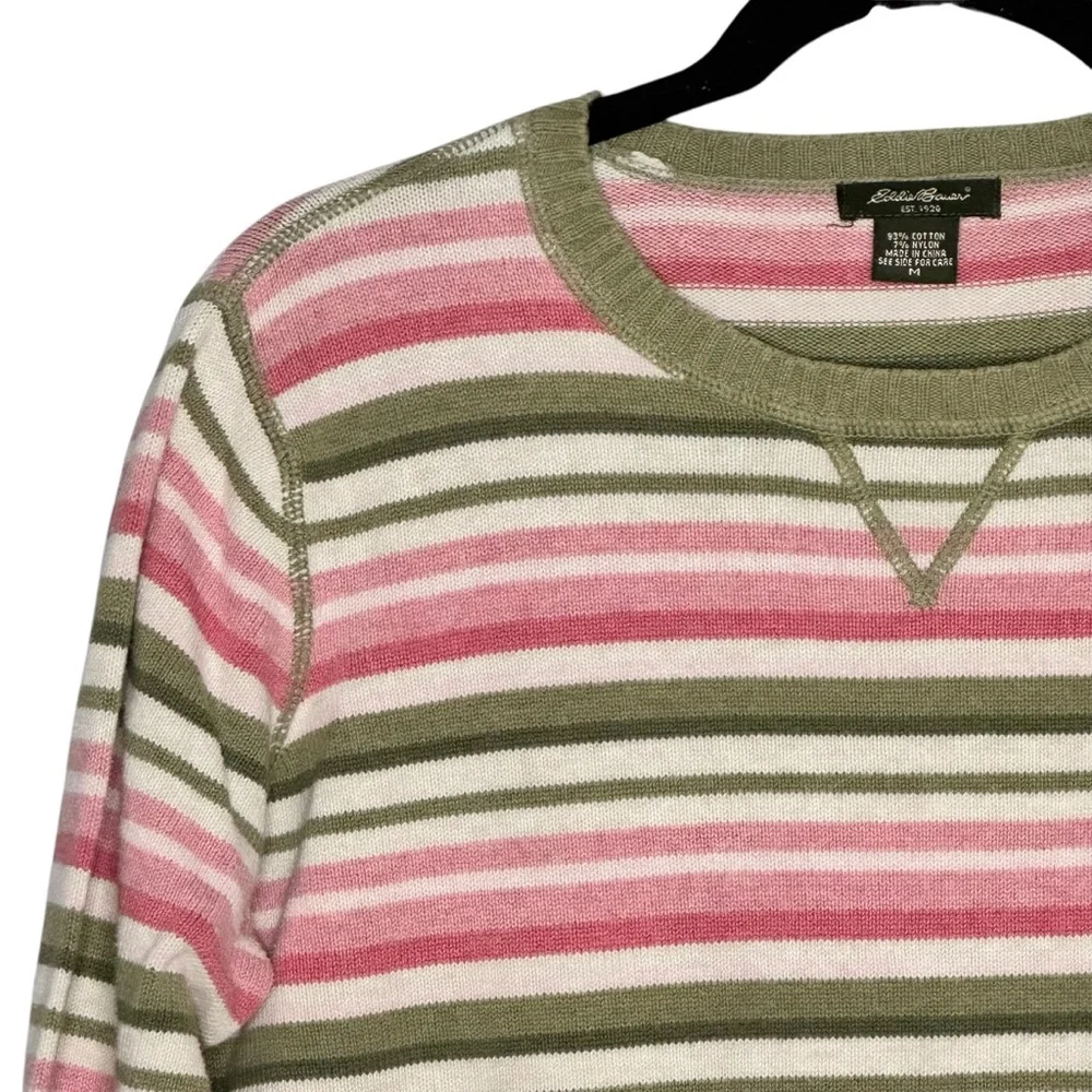 Eddie Bauer Size Medium Pink/Green/White Striped Cotton/Nylon Crew Neck Sweater